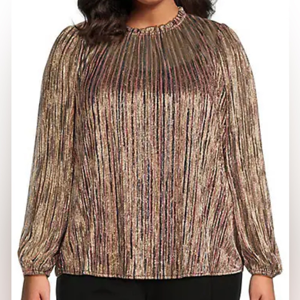 Sugarlips Metallic Pleated Long-Sleeve Blouse in Gold and Black